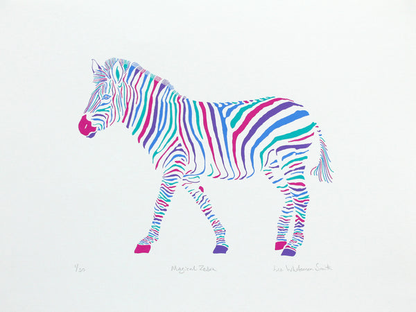 A colourful screen print of a zebra walking in profile, filled with vibrant, multicoloured zebra-stripe patterns in pink, blue, purple, and teal on a white background. Signed and numbered by artist Liz Wihiteman Smith.