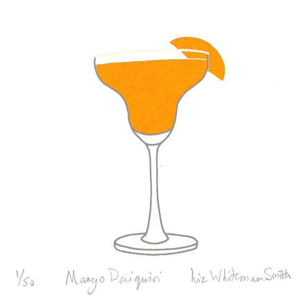 A minimalist print of a margarita glass filled with orange liquid and garnished with a mango slice 