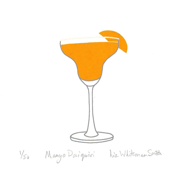 A minimalist print of a margarita glass filled with orange liquid and garnished with a mango slice 