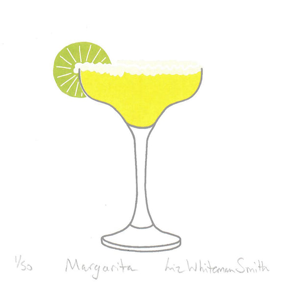 A print of a yellow cocktail with a slice of lime on the glass