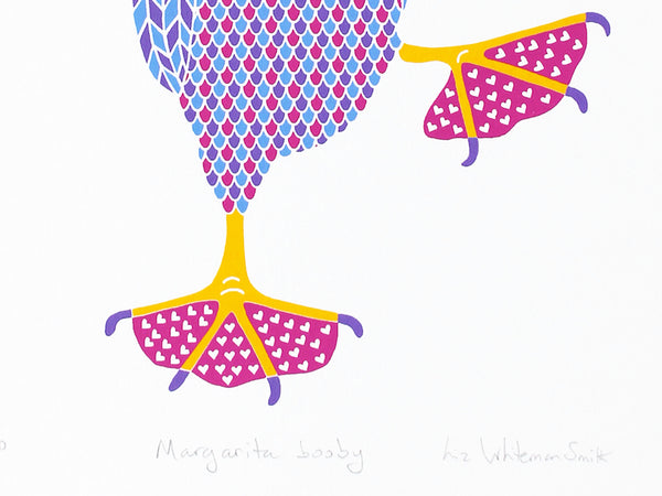 Pink, purple and blue dancing booby bird with pink heart feet print