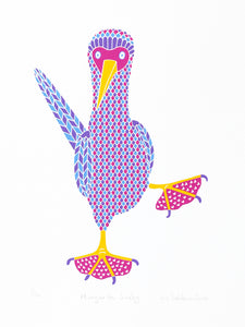 Pink, purple and blue dancing booby bird with pink heart feet print