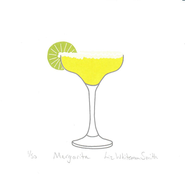 A minimalist print of a margarita glass with a lime wheel garnish, filled with yellow liquid, on a white background 