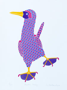 Print of a Pink, purple and blue patterned dancing bird