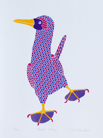 Print of a Pink, purple and blue patterned dancing bird