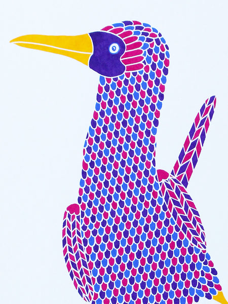 Print of a Pink, purple and blue patterned dancing bird