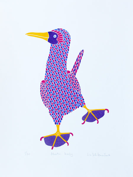 Print of a Pink, purple and blue patterned dancing bird