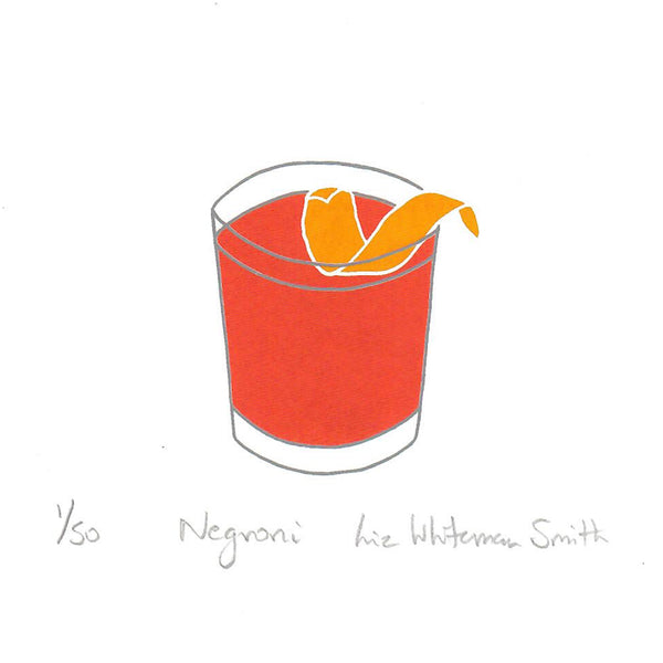 A minimalist print of an orange drink in a clear glass with a curled orange peel garnish, centred on a white background.