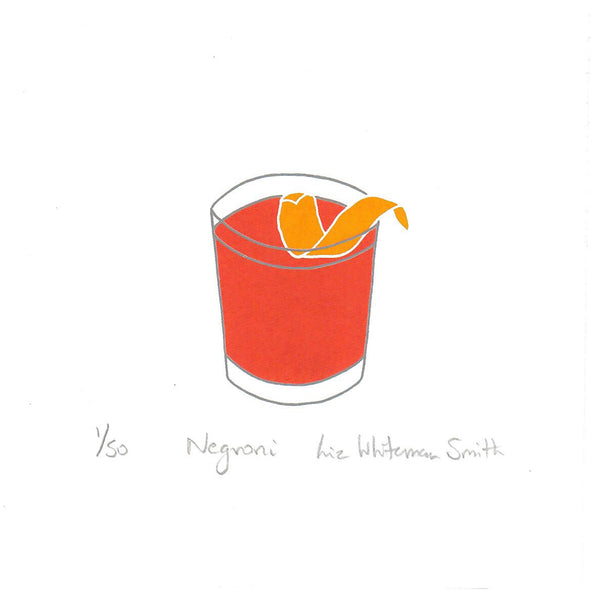 A minimalist print of an orange drink in a clear glass with a curled orange peel garnish, centred on a white background.