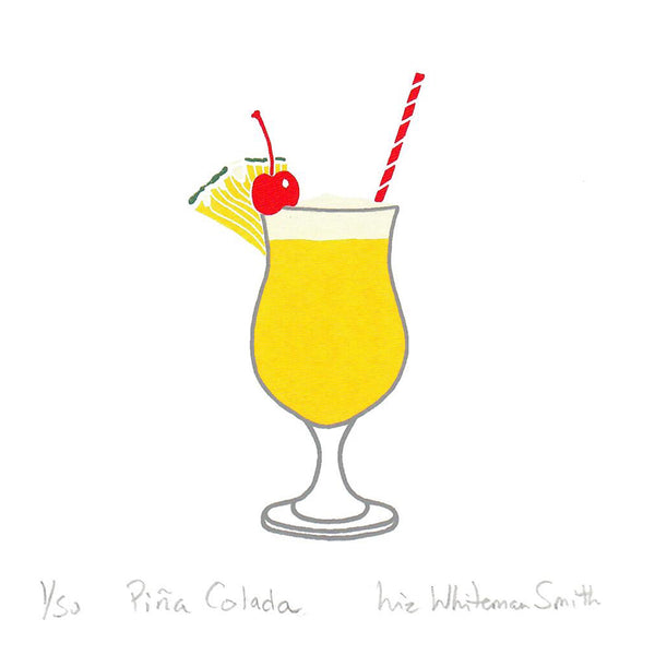 A stylised print of a yellow cocktail in a stemmed glass, garnished with a cherry, pineapple slice, and striped straw, on a white background 