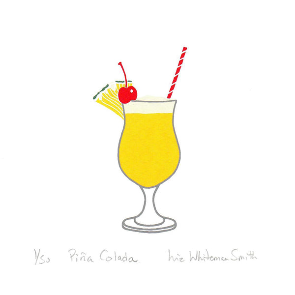 A stylised print of a yellow cocktail in a stemmed glass, garnished with a cherry, pineapple slice, and striped straw, on a white background 