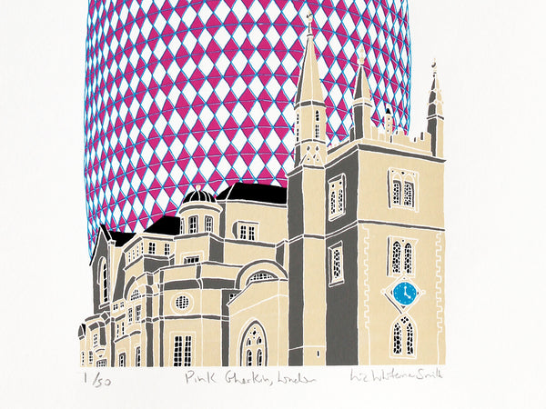Pink Gherkin print of the Gherkin in London with the church