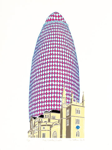 Pink Gherkin print of the Gherkin in London with the church