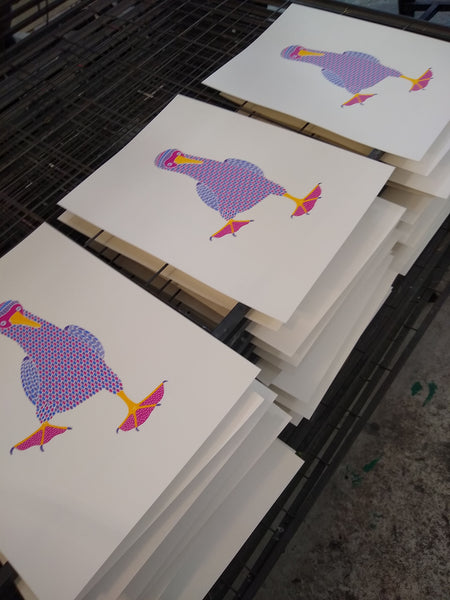 Pink patterned dancing bird print with dots on pink feet screen print by Liz Whiteman Smith