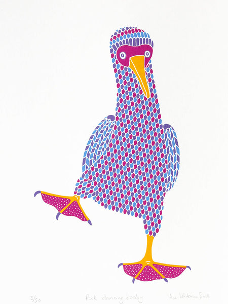 Pink patterned dancing bird print with dots on pink feet screen print by Liz Whiteman Smith