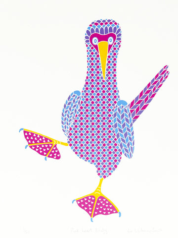 Pink patterned dancing bird print with hearts on pink feet screen print by Liz Whiteman Smith