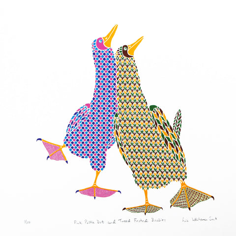 A pair of colourful dancing booby birds screen print
