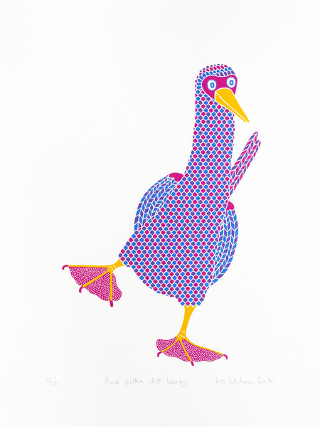 Pink booby with polka dot feet, dancing bird print