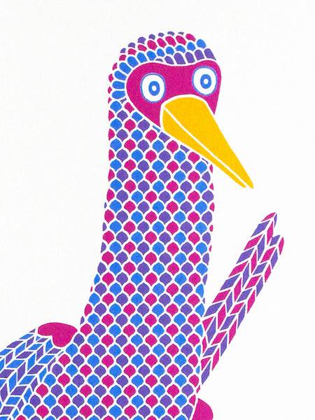 Pink booby with polka dot feet, dancing bird print