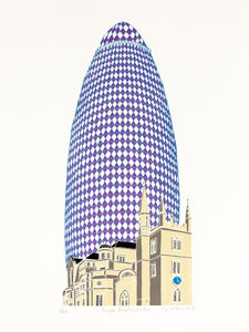 Purple Gherkin building by Old London church print