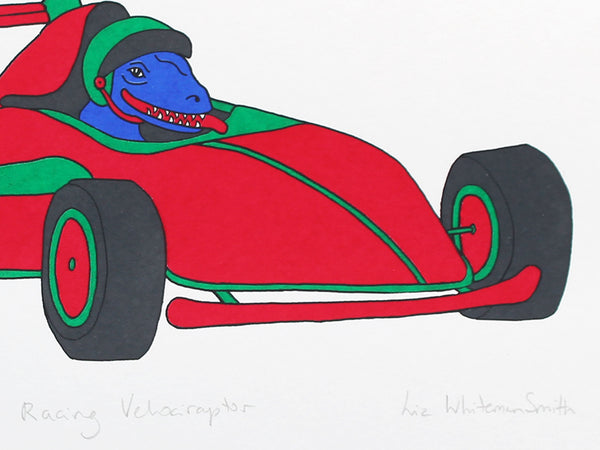 Racing velociraptor print by Liz Whiteman Smith
