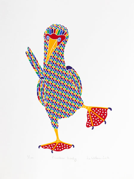 rainbow patterned dancing booby bird with hearts on red feet print