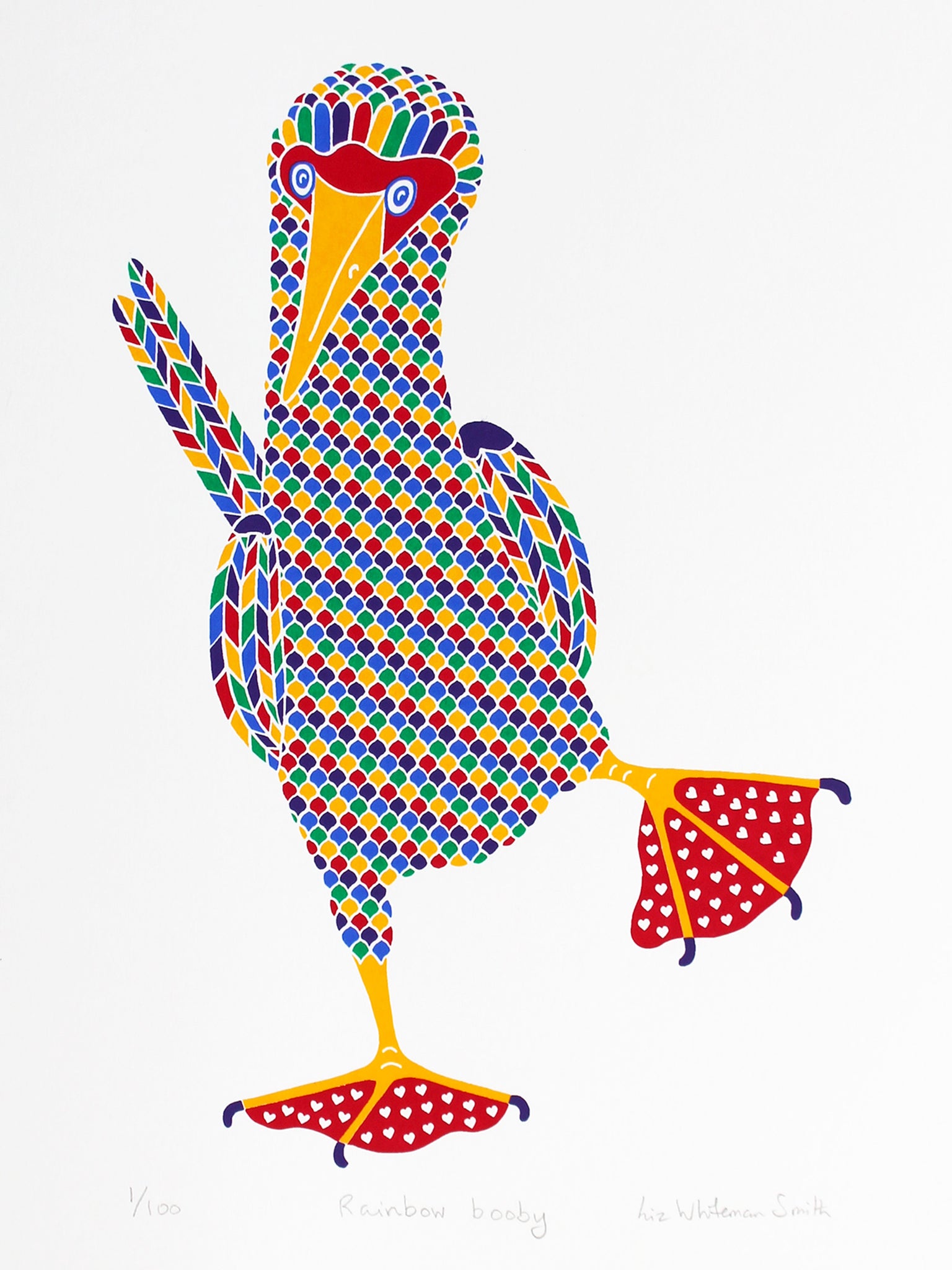 rainbow patterned dancing booby bird with hearts on red feet print