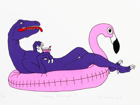 Purple dinosaur relaxing on a pink flamingo inflatable print