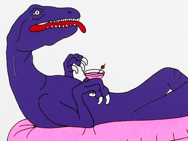 Purple dinosaur relaxing on a pink flamingo inflatable print