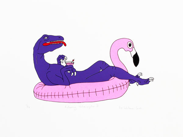 Purple dinosaur relaxing on a pink flamingo inflatable print