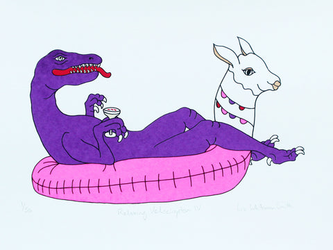 A print of purple velociraptor on a pink llama inflatable with a pisco sour