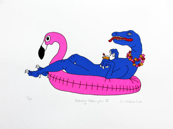 Blue dinosaur relaxing on a pink flamingo inflatable with a cocktail and floral garland print by Liz Whiteman Smith