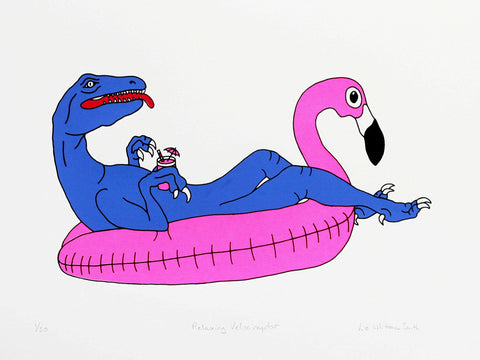 Blue velociraptor lying on pink flamingo inflatable drinking a cocktail print