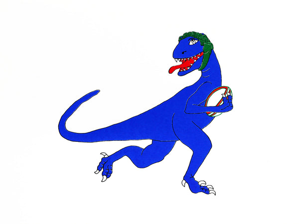 Print of Blue dinosaur playing rugby