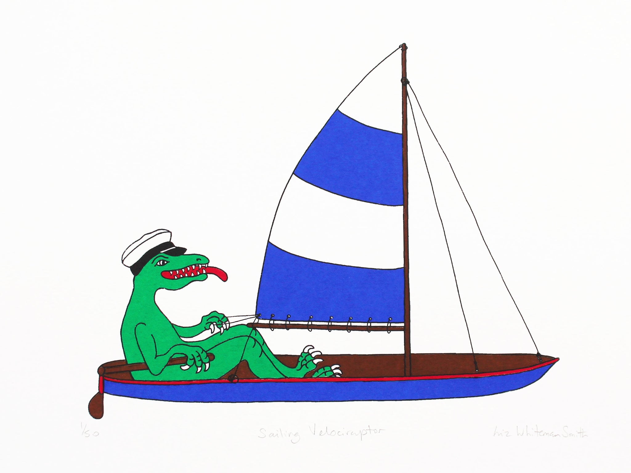 Print of a green dinosaur sailing a boat