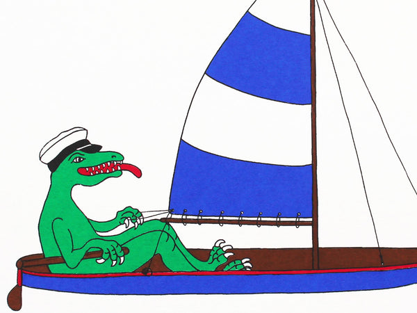 Print of a green dinosaur sailing a boat