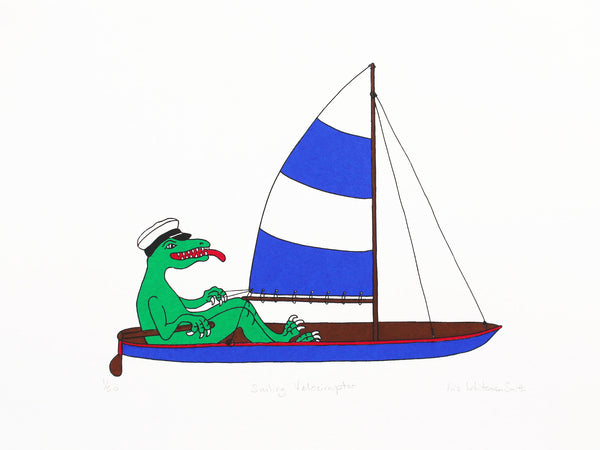 Print of a green dinosaur sailing a boat