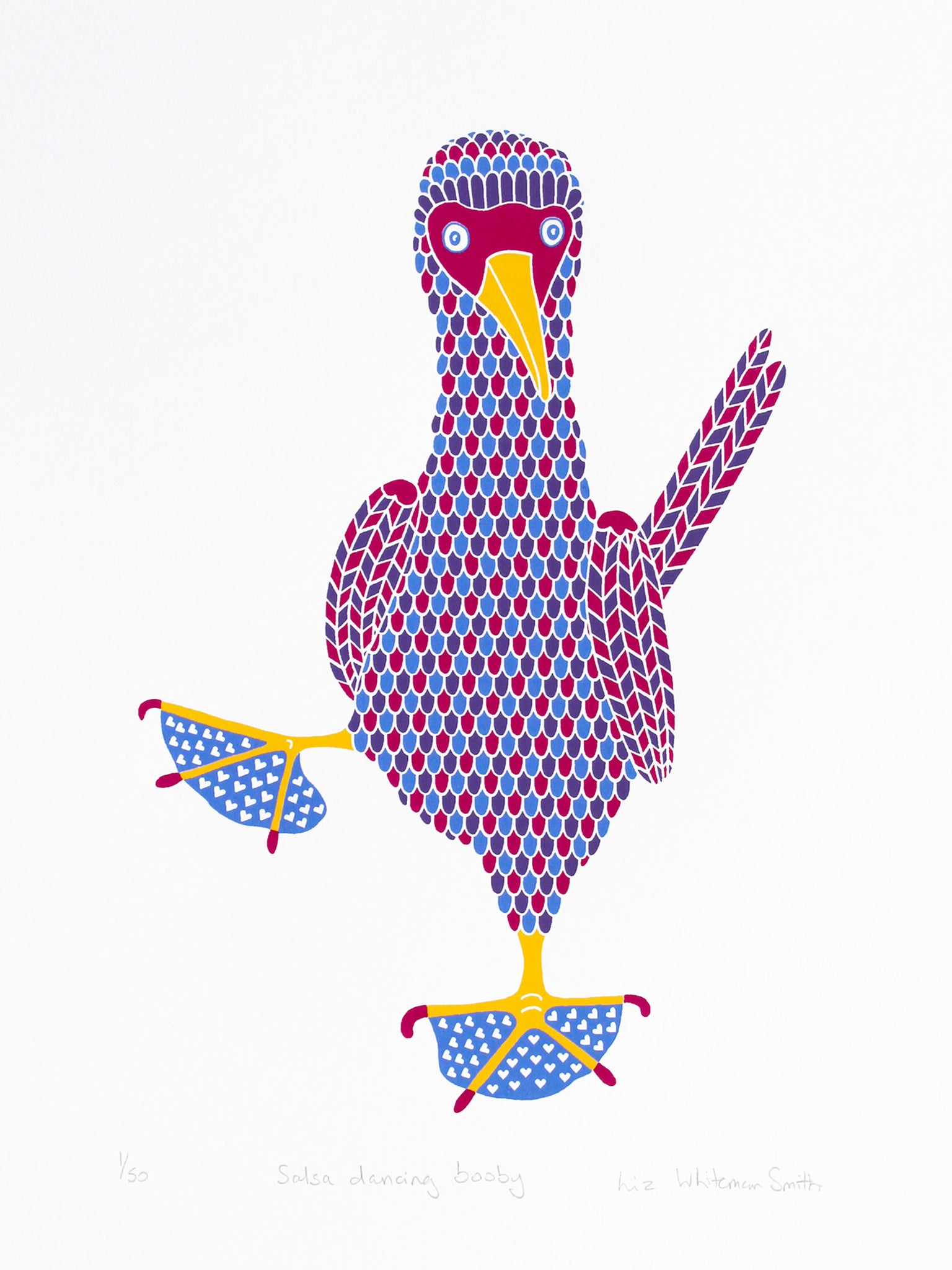 Colourful dancing booby bird screen print by Liz Whiteman Smith