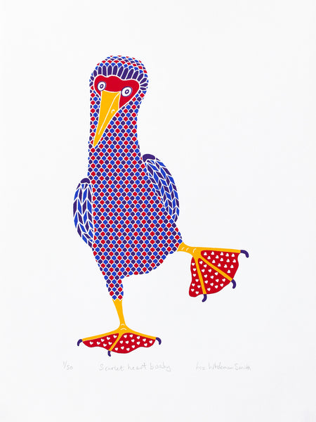 Dancing booby patterned bird print with hearts on red feet
