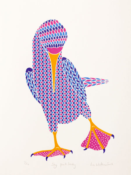 Pink booby with dot pattern on feet screen print