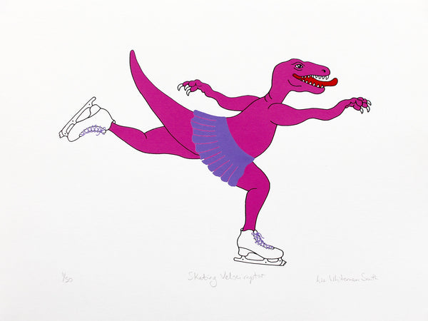 Print of a pink dinosaur ice skating