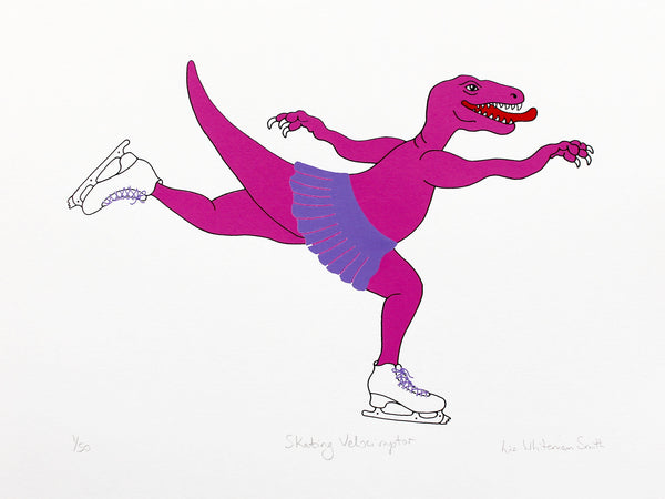 Print of a pink dinosaur ice skating