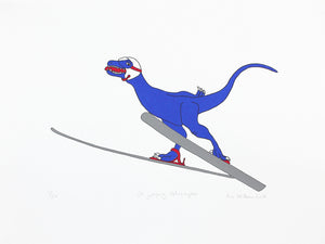 Print of a Blue dinosaur on skis leaping into the air 