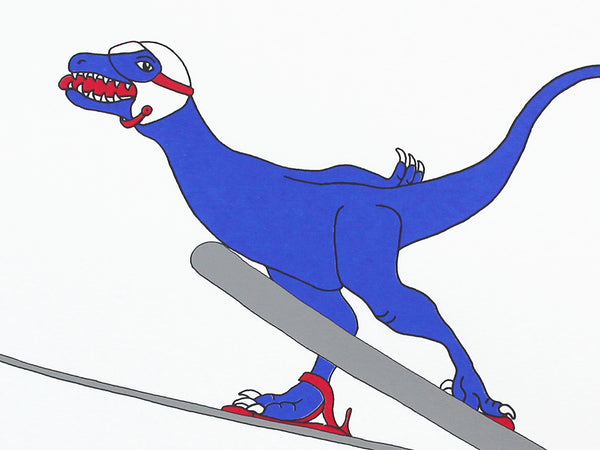 Print of a Blue dinosaur on skis leaping into the air 