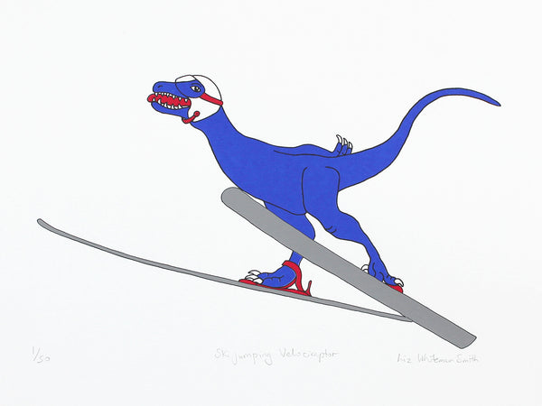 Print of a Blue dinosaur on skis leaping into the air 