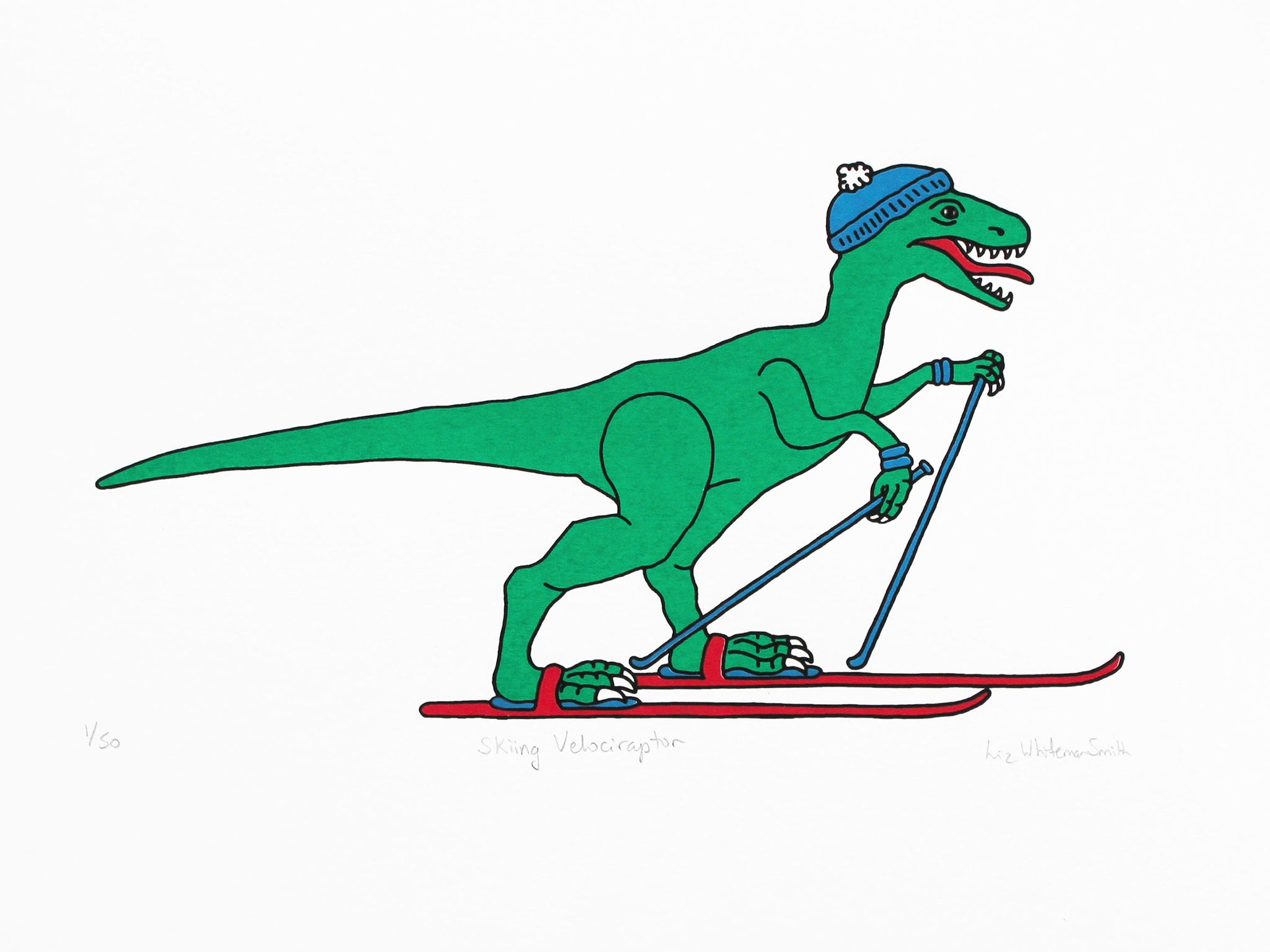 Print of a Green velociraptor on red skis with a blue bobble hat