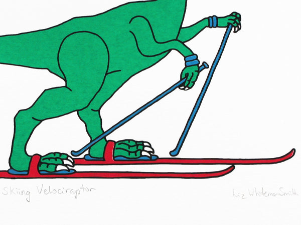 Print of a Green velociraptor on red skis with a blue bobble hat