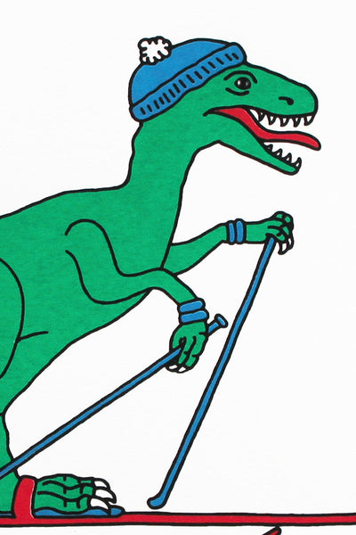 Print of a Green velociraptor on red skis with a blue bobble hat