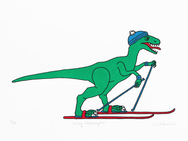 Print of a Green velociraptor on red skis with a blue bobble hat