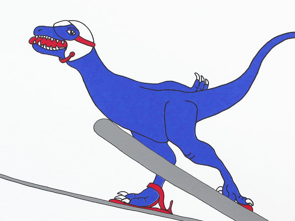 Blue dinosaur on skis leaping into the air screen print